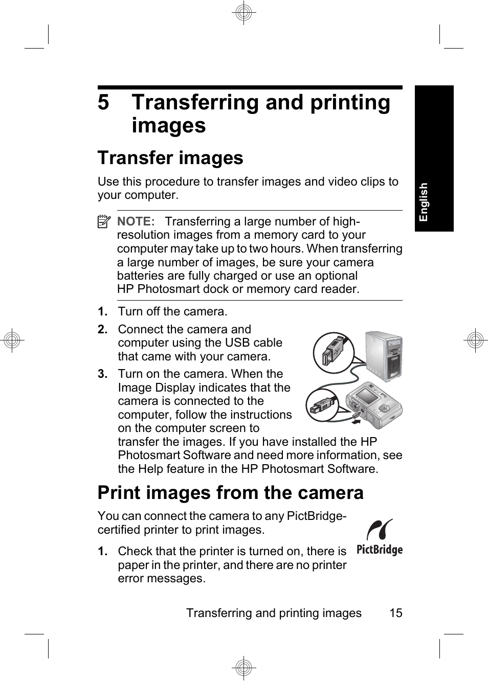 5 transferring and printing images, Transfer images, Print images from the camera | HP Photosmart E330 series User Manual | Page 17 / 68