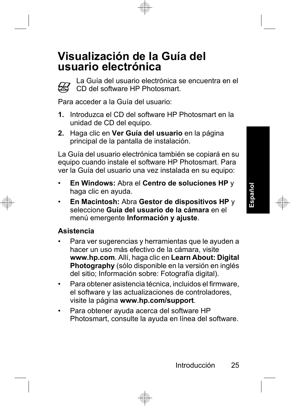 Visualización de la guía del usuario electrónica | HP Photosmart E330 series User Manual | Page 27 / 68