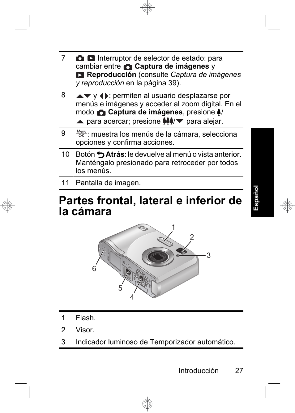 Partes frontal, lateral e inferior de la cámara | HP Photosmart E330 series User Manual | Page 29 / 68