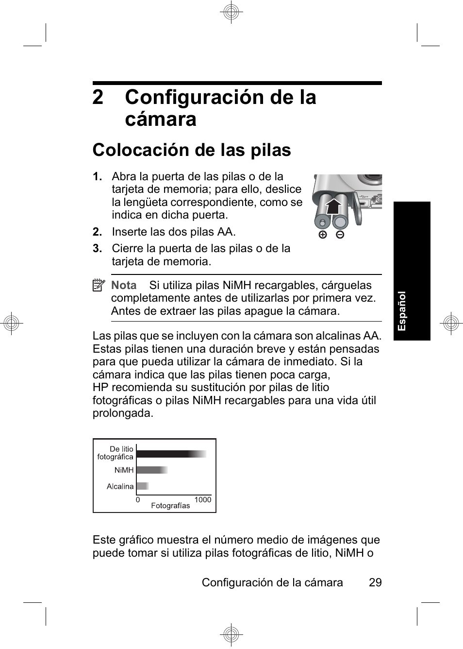 2 configuración de la cámara, Colocación de las pilas | HP Photosmart E330 series User Manual | Page 31 / 68
