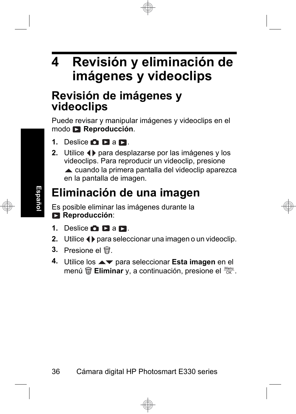4 revisión y eliminación de imágenes y videoclips, Revisión de imágenes y videoclips, Eliminación de una imagen | HP Photosmart E330 series User Manual | Page 38 / 68