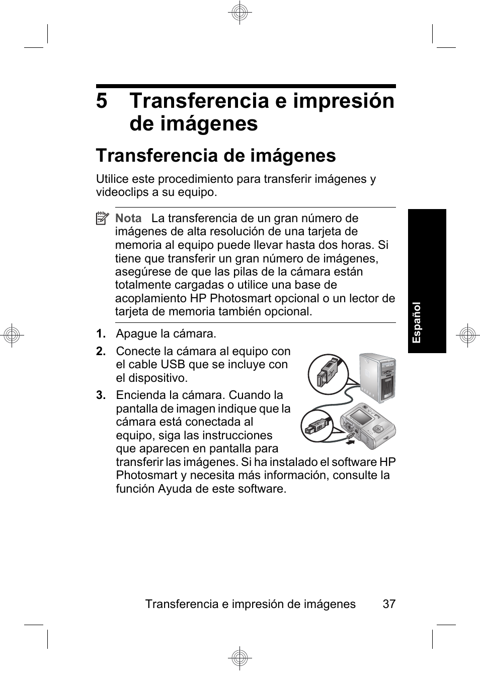 5 transferencia e impresión de imágenes, Transferencia de imágenes | HP Photosmart E330 series User Manual | Page 39 / 68
