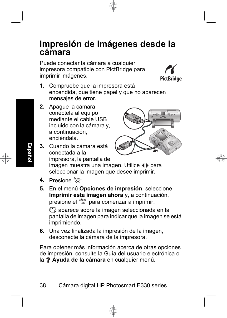 Impresión de imágenes desde la cámara | HP Photosmart E330 series User Manual | Page 40 / 68