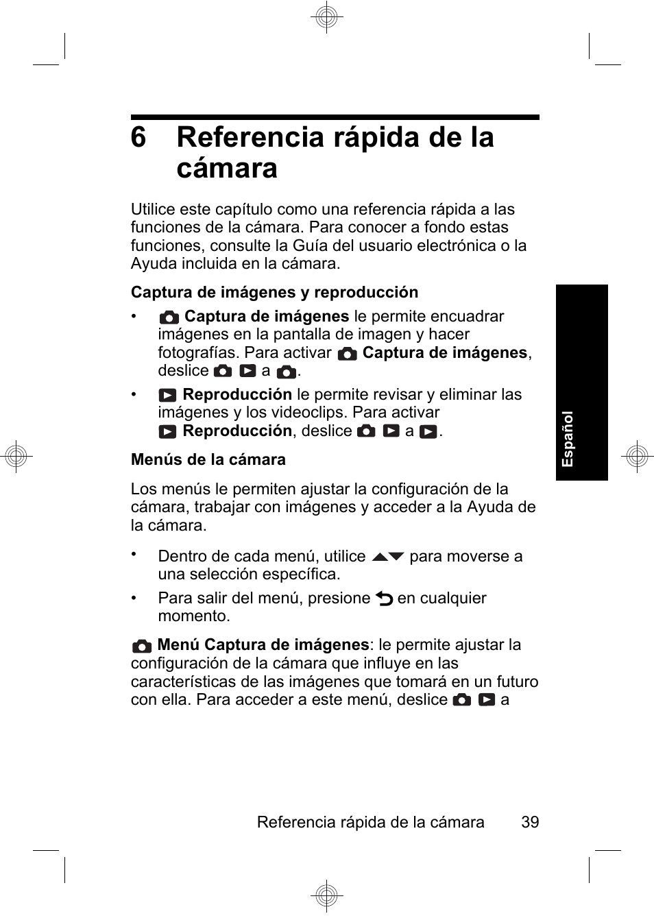 6 referencia rápida de la cámara | HP Photosmart E330 series User Manual | Page 41 / 68