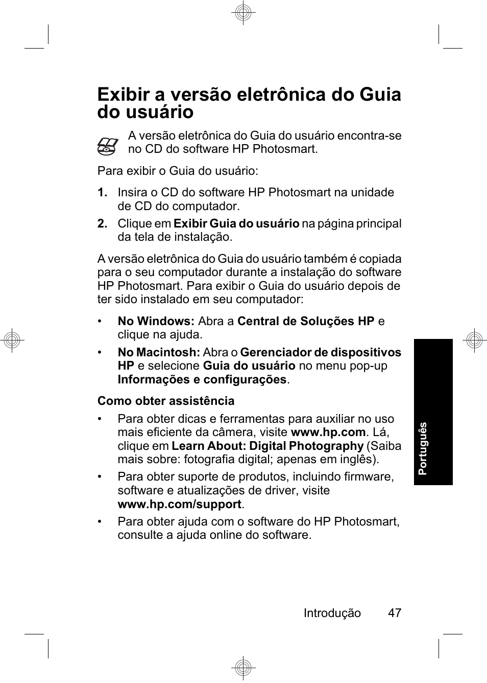 Exibir a versão eletrônica do guia do usuário | HP Photosmart E330 series User Manual | Page 49 / 68