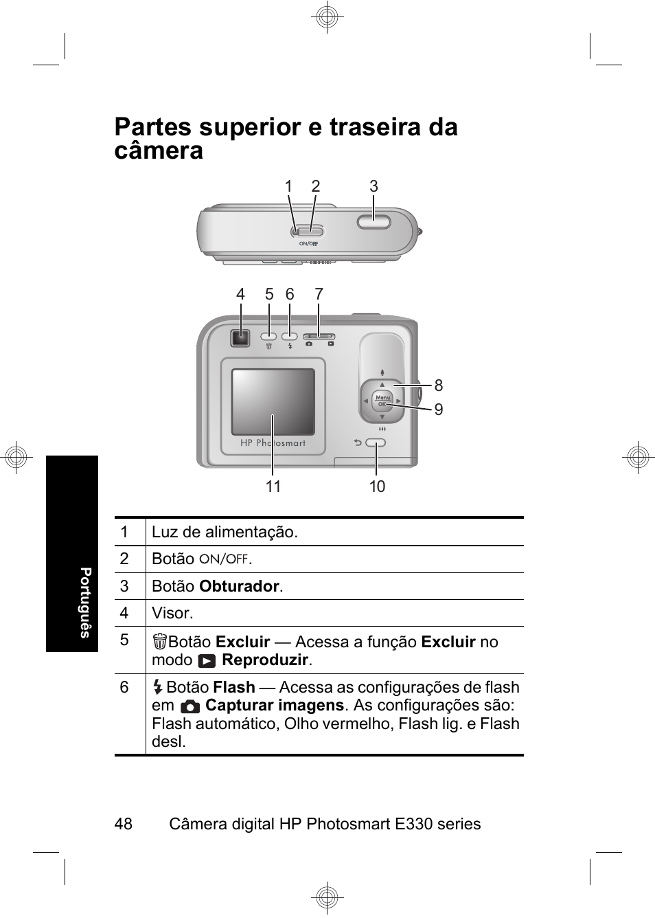 Partes superior e traseira da câmera | HP Photosmart E330 series User Manual | Page 50 / 68