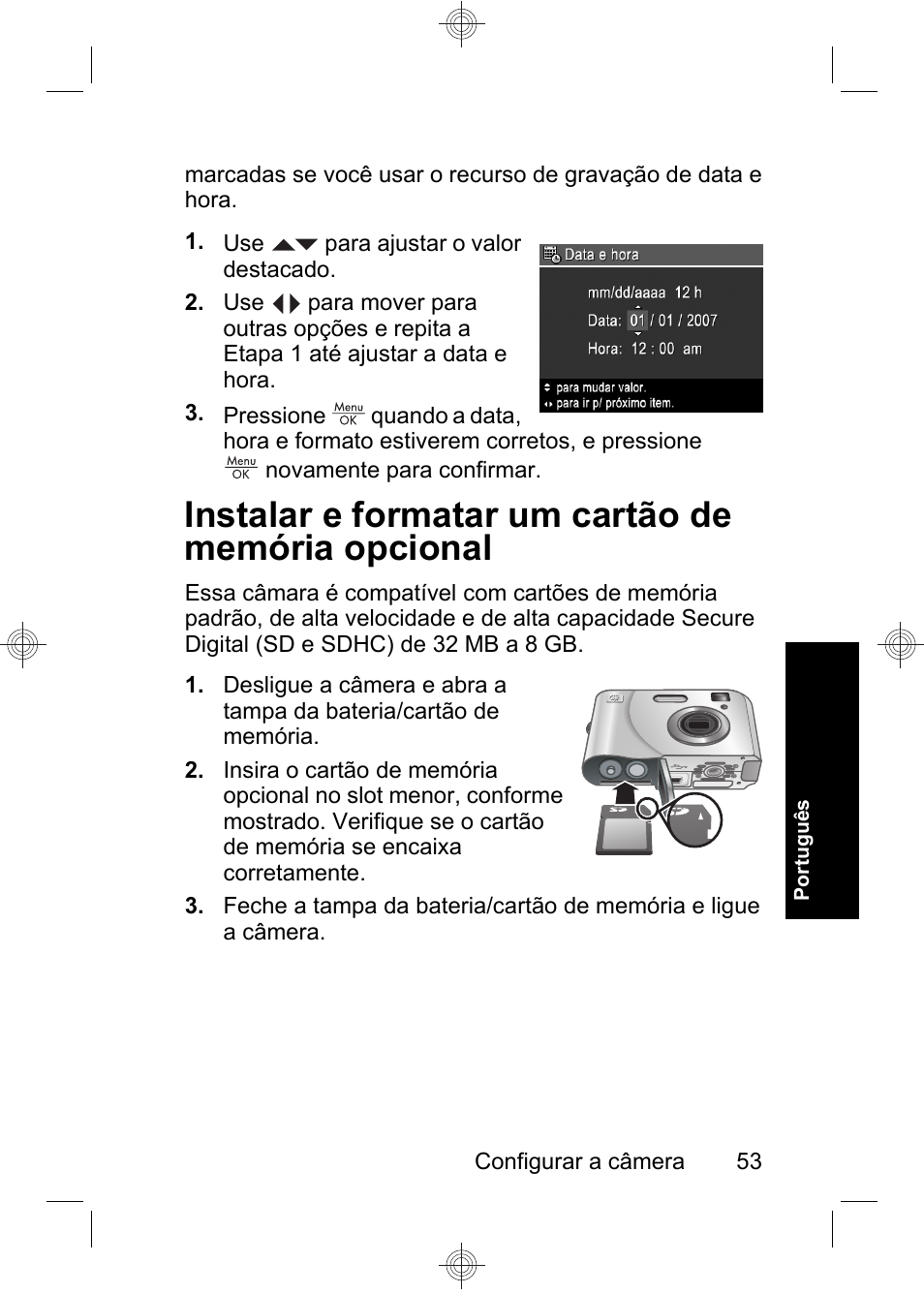 Instalar e formatar um cartão de memória opcional | HP Photosmart E330 series User Manual | Page 55 / 68