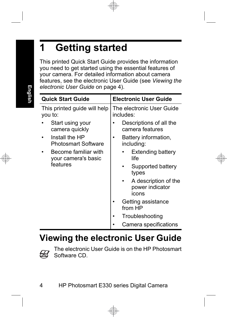 1 getting started, Viewing the electronic user guide | HP Photosmart E330 series User Manual | Page 6 / 68