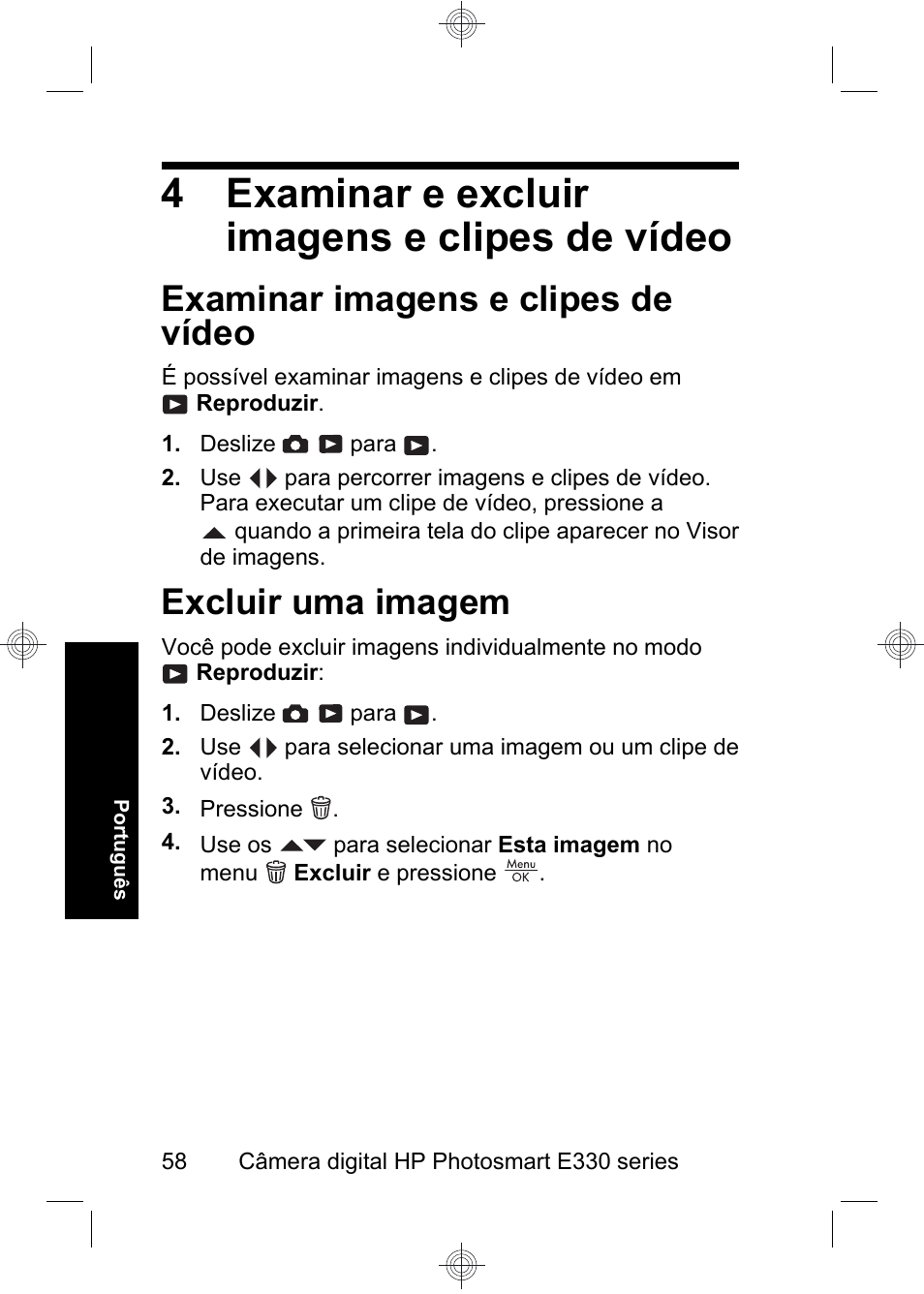 4 examinar e excluir imagens e clipes de vídeo, Examinar imagens e clipes de vídeo, Excluir uma imagem | HP Photosmart E330 series User Manual | Page 60 / 68