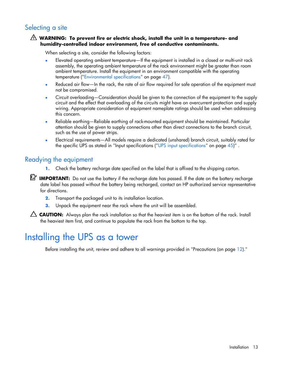 Selecting a site, Readying the equipment, Installing the ups as a tower | Allation site, For i | HP R2200 User Manual | Page 13 / 61
