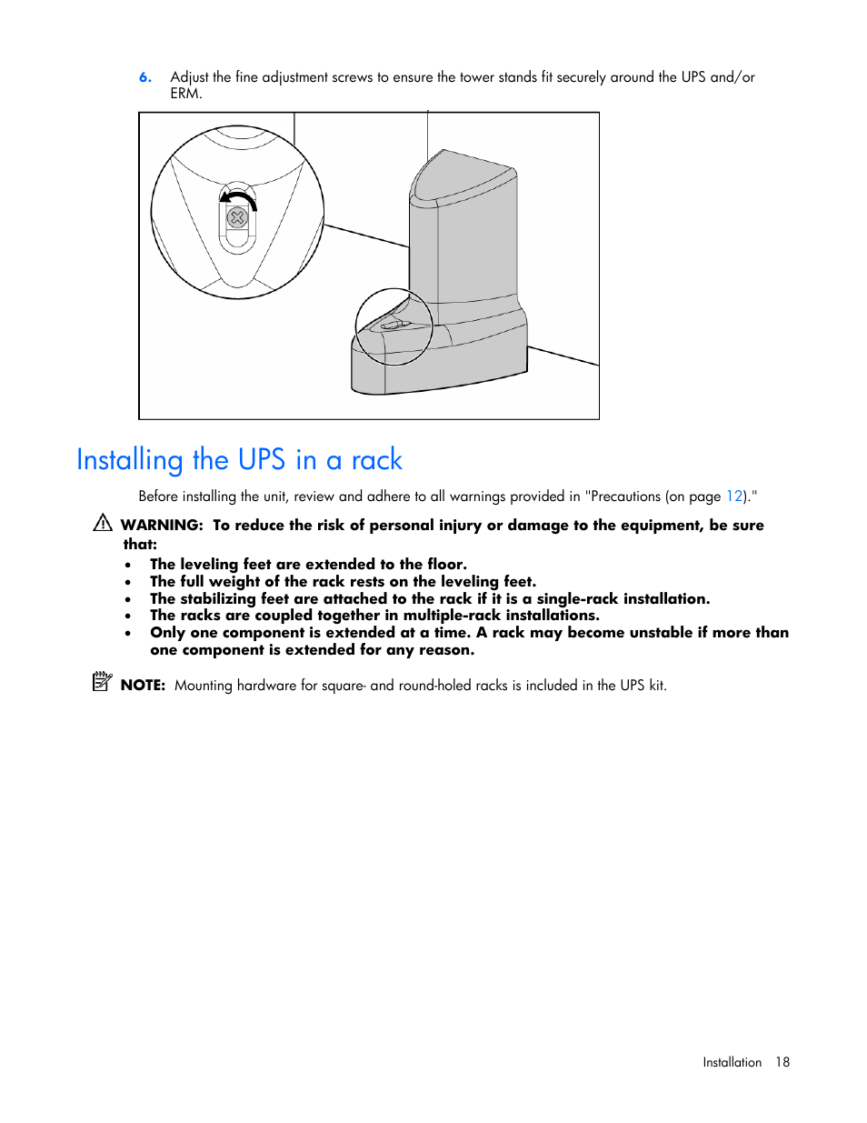 Installing the ups in a rack | HP R2200 User Manual | Page 18 / 61