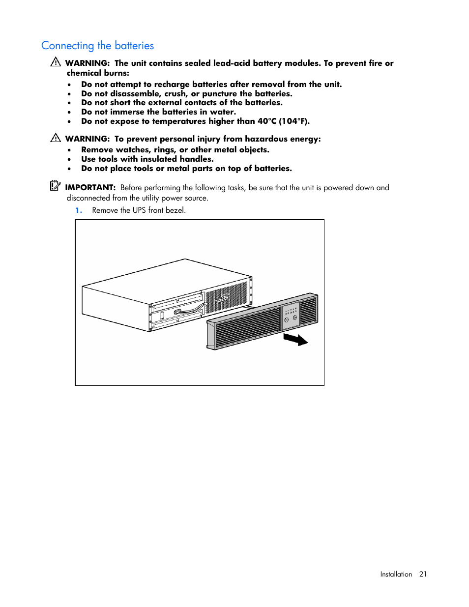 Connecting the batteries | HP R2200 User Manual | Page 21 / 61