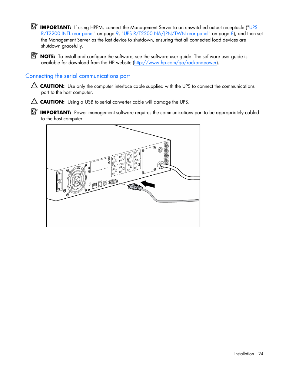 Connecting the serial communications port | HP R2200 User Manual | Page 24 / 61
