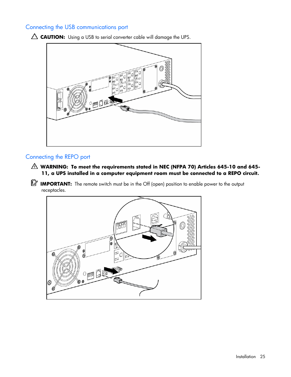 Connecting the usb communications port, Connecting the repo port | HP R2200 User Manual | Page 25 / 61