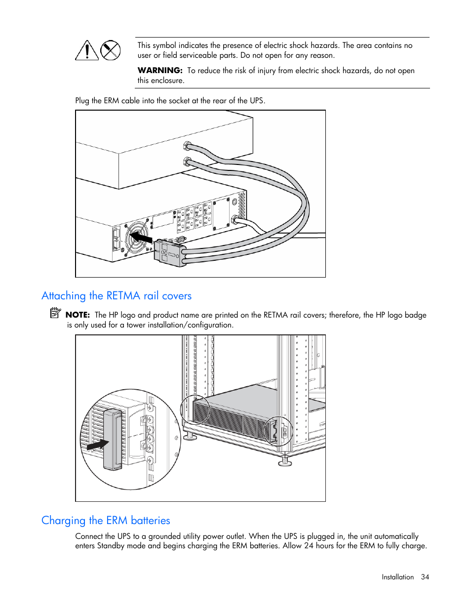 Attaching the retma rail covers, Charging the erm batteries | HP R2200 User Manual | Page 34 / 61