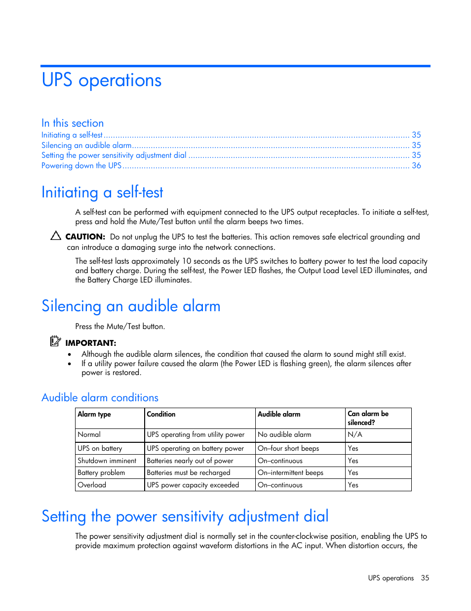 Ups operations, Initiating a self-test, Silencing an audible alarm | Audible alarm conditions, Setting the power sensitivity adjustment dial, Initiating a self, Test | HP R2200 User Manual | Page 35 / 61