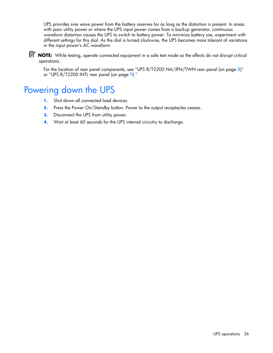 Powering down the ups | HP R2200 User Manual | Page 36 / 61