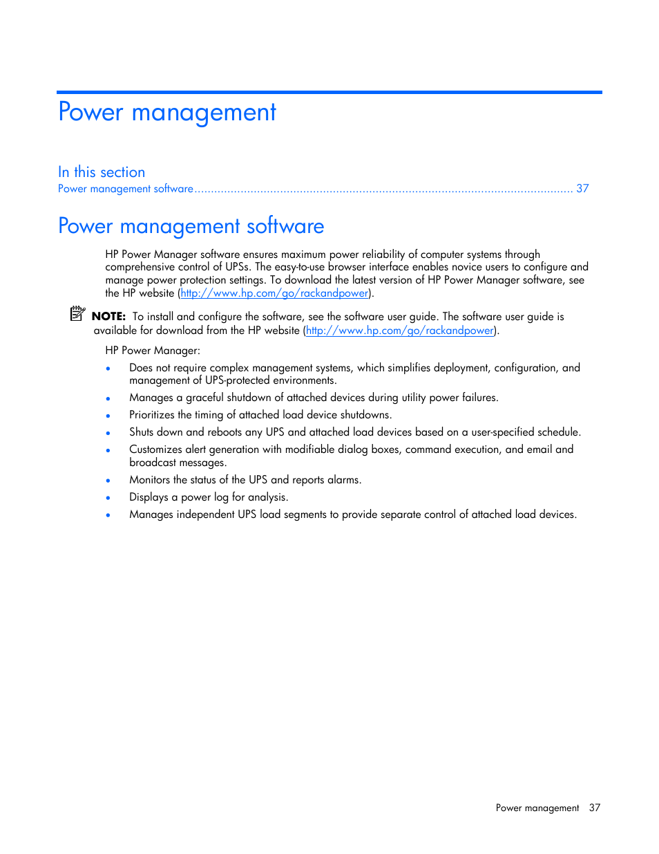 Power management, Power management software | HP R2200 User Manual | Page 37 / 61