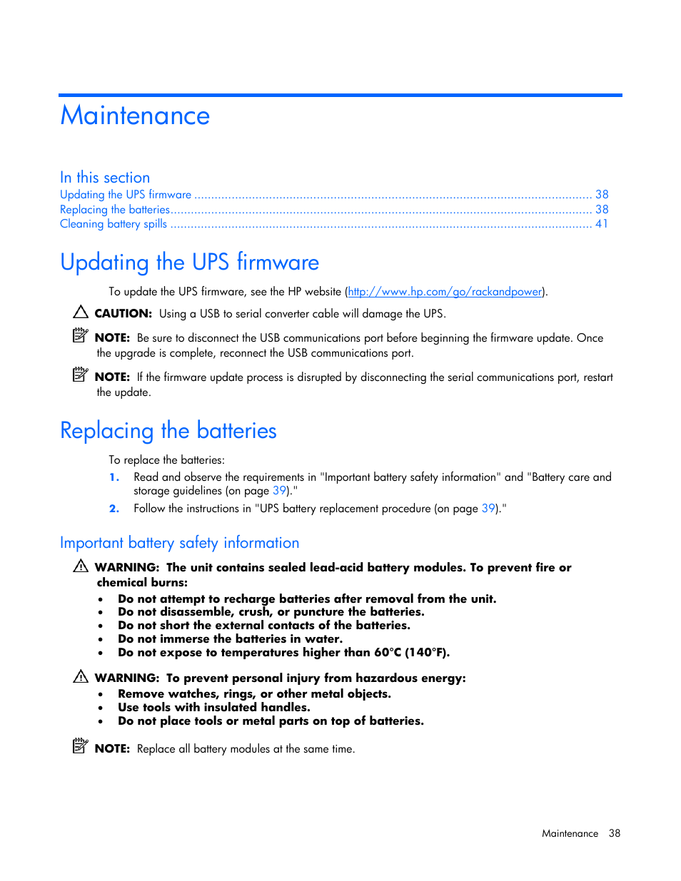 Maintenance, Updating the ups firmware, Replacing the batteries | Important battery safety information | HP R2200 User Manual | Page 38 / 61