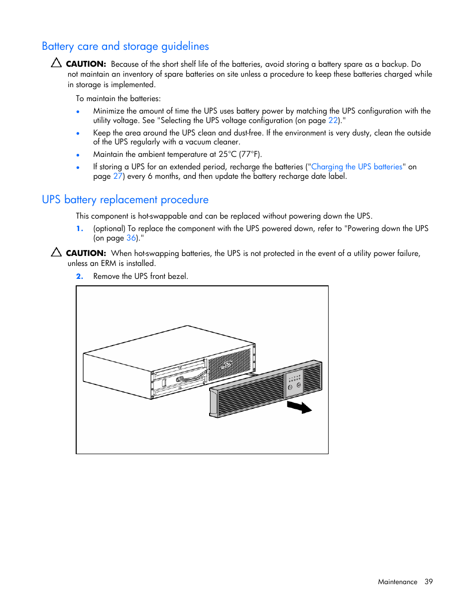 Battery care and storage guidelines, Ups battery replacement procedure | HP R2200 User Manual | Page 39 / 61