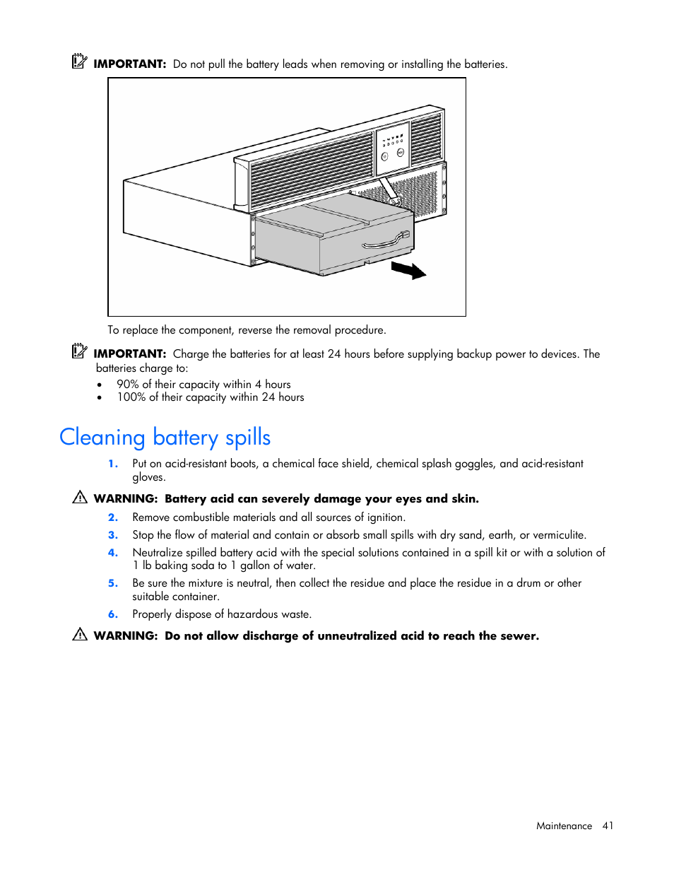 Cleaning battery spills | HP R2200 User Manual | Page 41 / 61