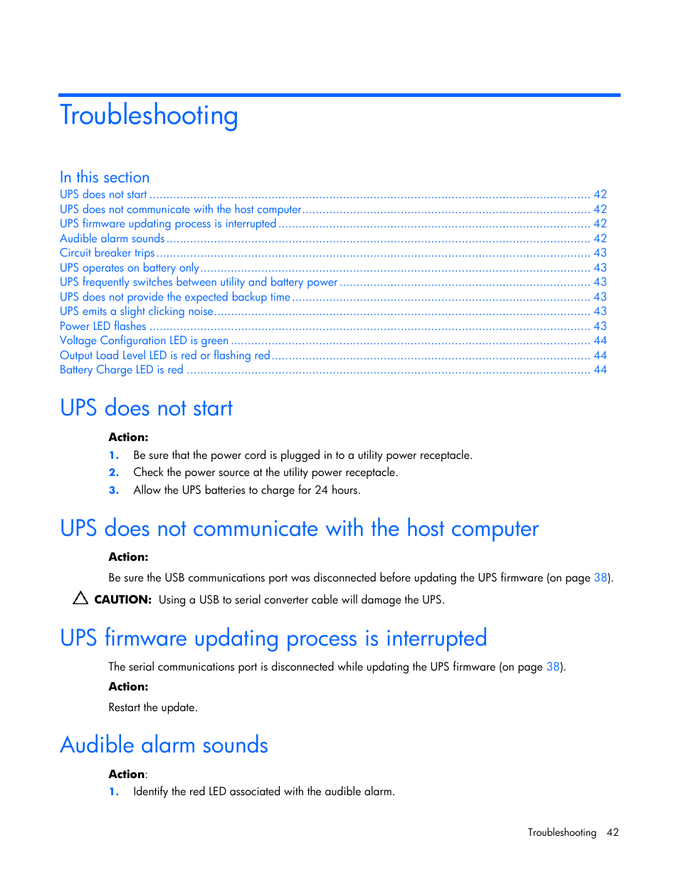 Troubleshooting, Ups does not start, Ups does not communicate with the host computer | Ups firmware updating process is interrupted, Audible alarm sounds | HP R2200 User Manual | Page 42 / 61