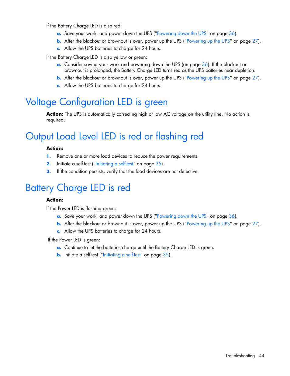 Voltage configuration led is green, Output load level led is red or flashing red, Battery charge led is red | HP R2200 User Manual | Page 44 / 61