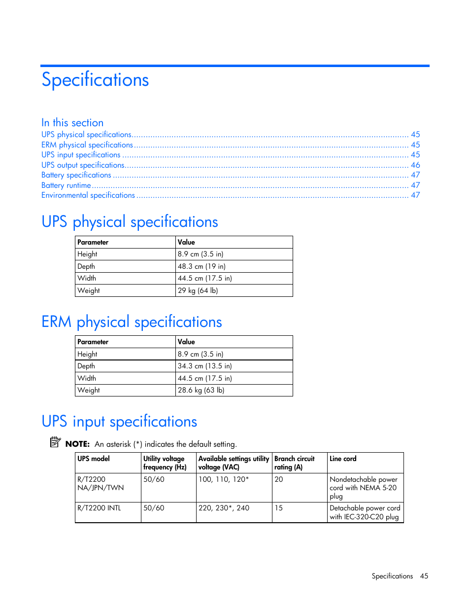 Specifications, Ups physical specifications, Erm physical specifications | Ups input specifications | HP R2200 User Manual | Page 45 / 61