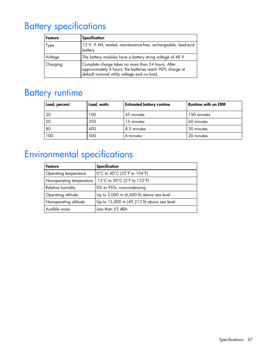 Battery specifications, Battery runtime, Environmental specifications | 47 environmental specifications | HP R2200 User Manual | Page 47 / 61