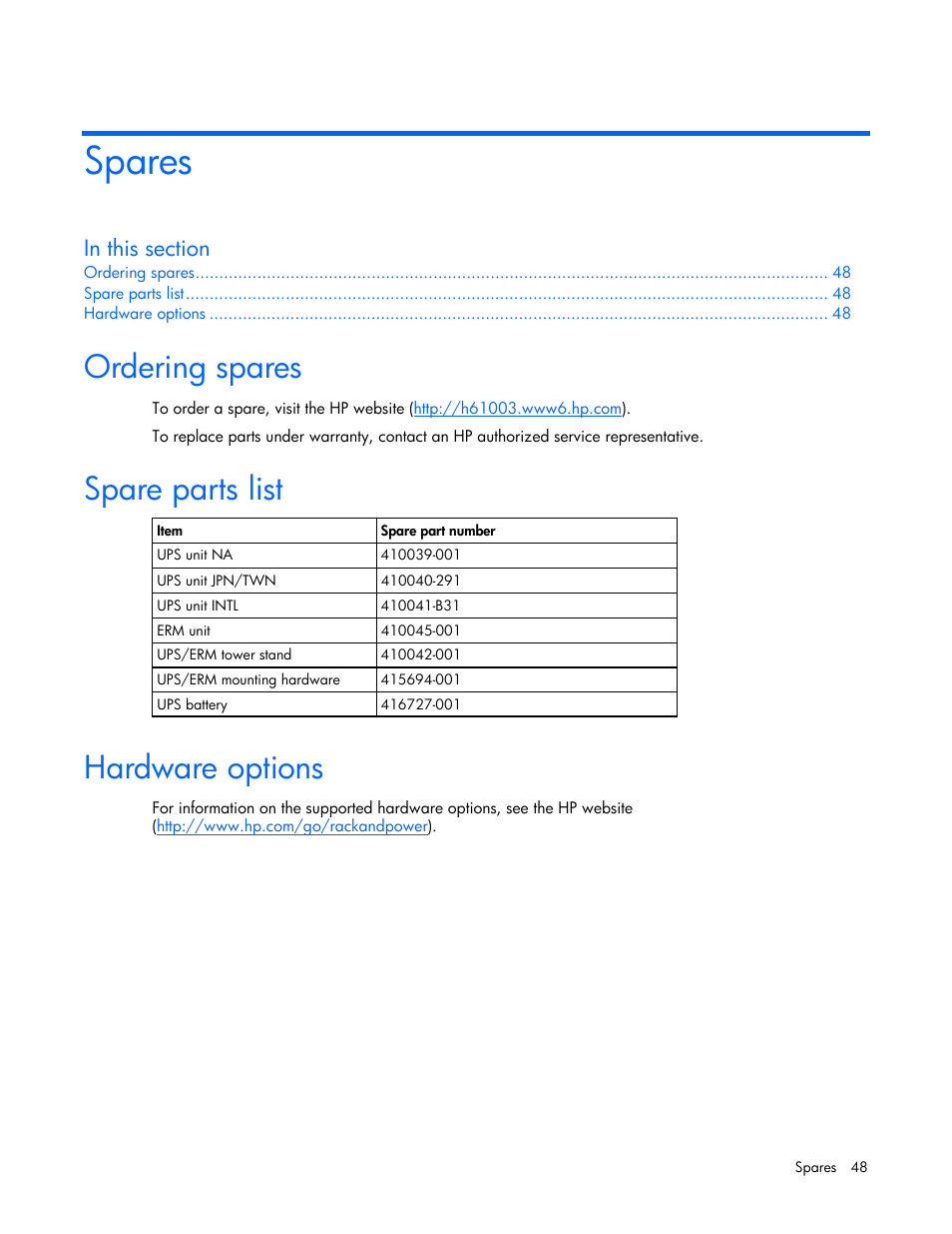 Spares, Ordering spares, Spare parts list | Hardware options | HP R2200 User Manual | Page 48 / 61