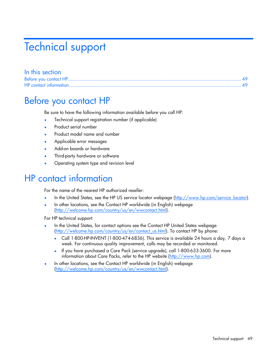 Technical support, Before you contact hp, Hp contact information | HP R2200 User Manual | Page 49 / 61