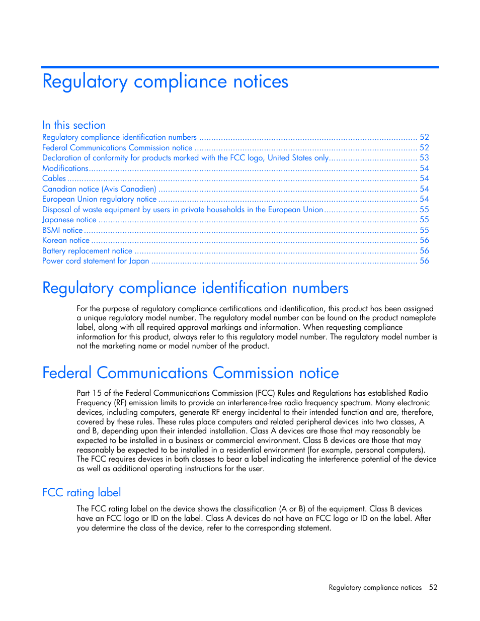 Regulatory compliance notices, Regulatory compliance identification numbers, Federal communications commission notice | Fcc rating label | HP R2200 User Manual | Page 52 / 61