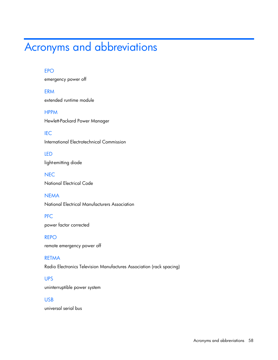 Acronyms and abbreviations | HP R2200 User Manual | Page 58 / 61