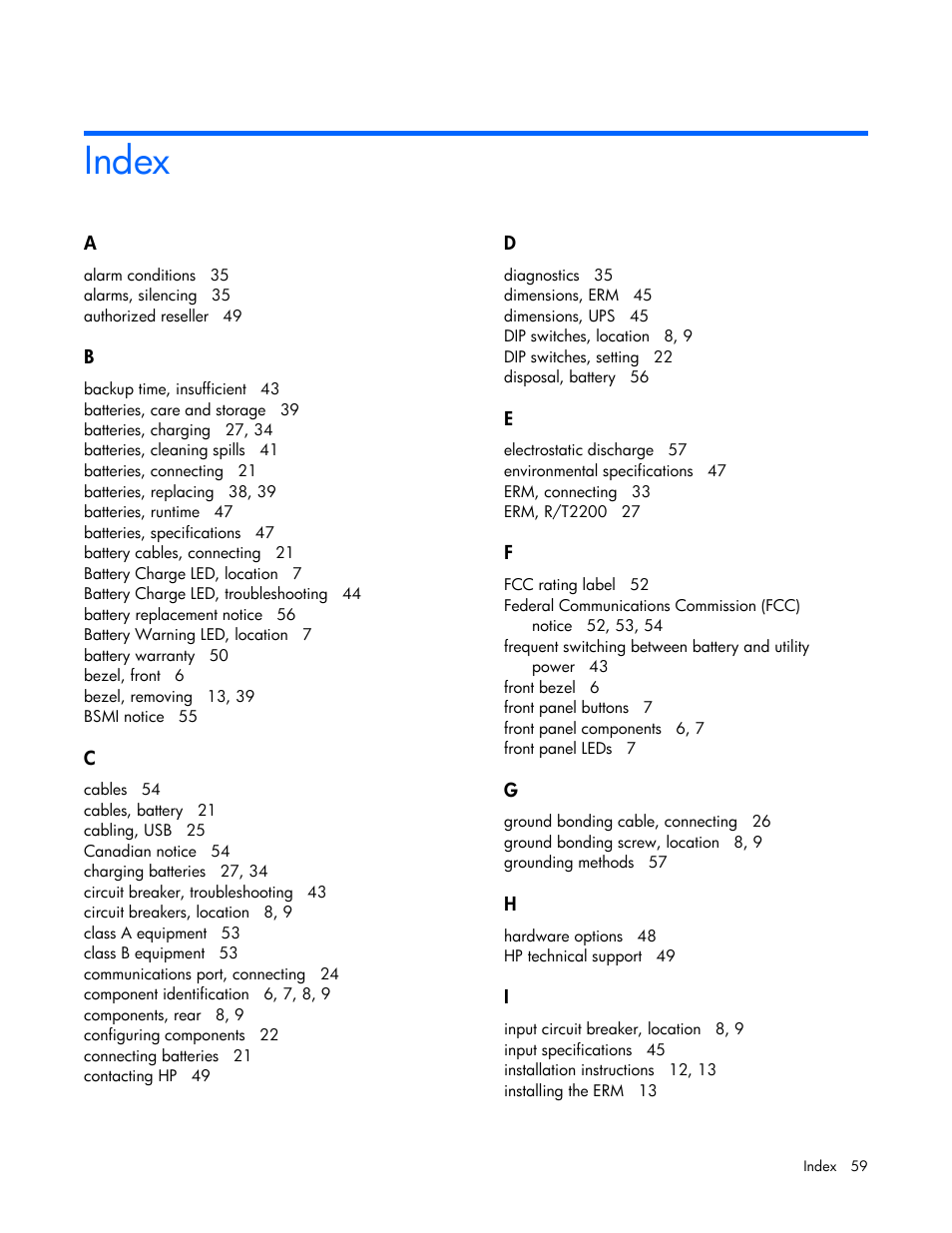 Index | HP R2200 User Manual | Page 59 / 61