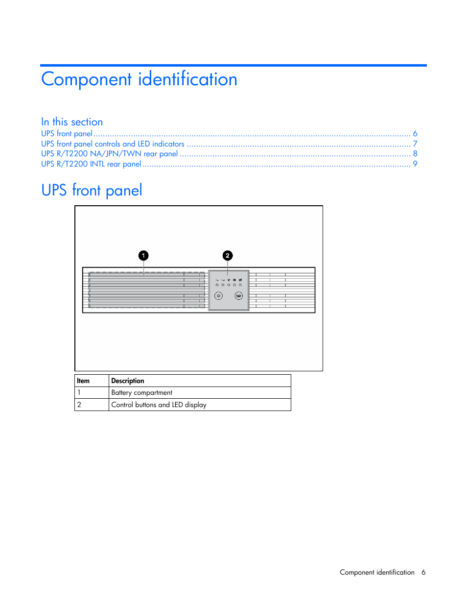 Component identification, Ups front panel | HP R2200 User Manual | Page 6 / 61