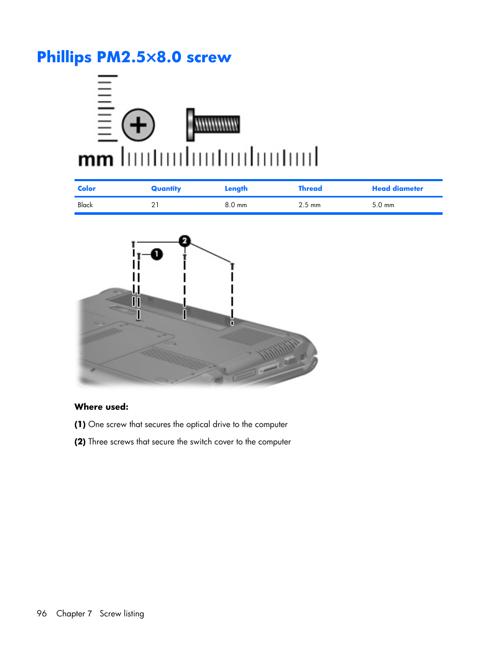 Phillips pm2.5×8.0 screw | HP PAVILION DX6500 User Manual | Page 104 / 142