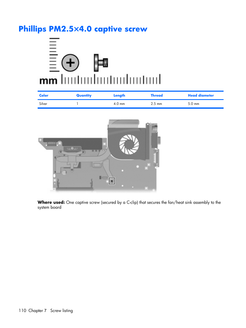 Phillips pm2.5×4.0 captive screw | HP PAVILION DX6500 User Manual | Page 118 / 142