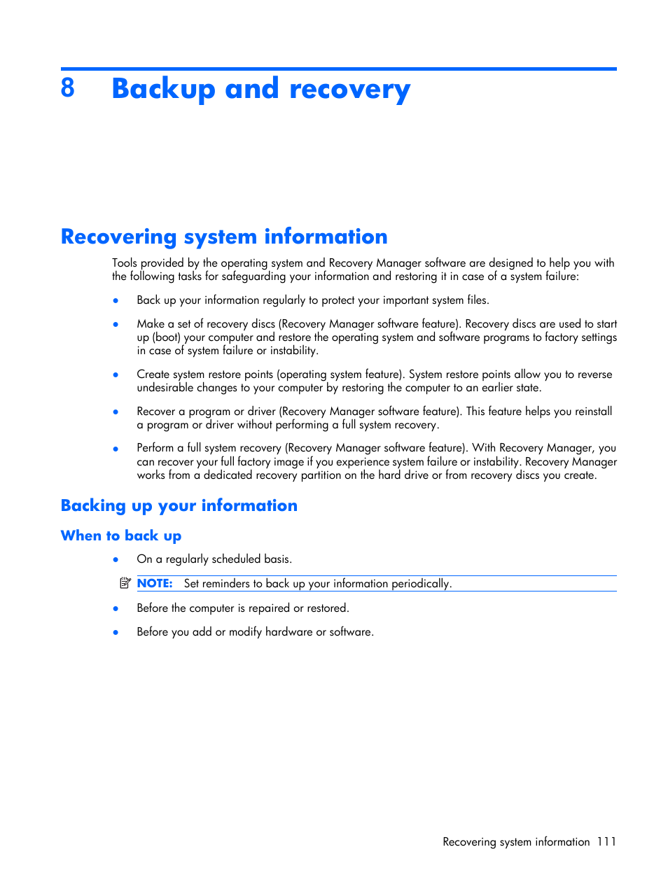 Backup and recovery, Recovering system information, Backing up your information | When to back up, 8backup and recovery | HP PAVILION DX6500 User Manual | Page 119 / 142