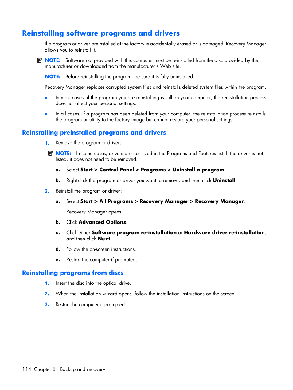 Reinstalling software programs and drivers, Reinstalling preinstalled programs and drivers, Reinstalling programs from discs | HP PAVILION DX6500 User Manual | Page 122 / 142