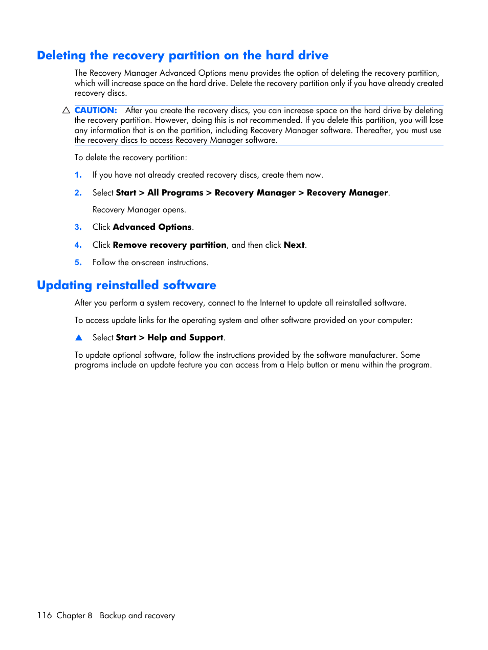 Deleting the recovery partition on the hard drive, Updating reinstalled software | HP PAVILION DX6500 User Manual | Page 124 / 142