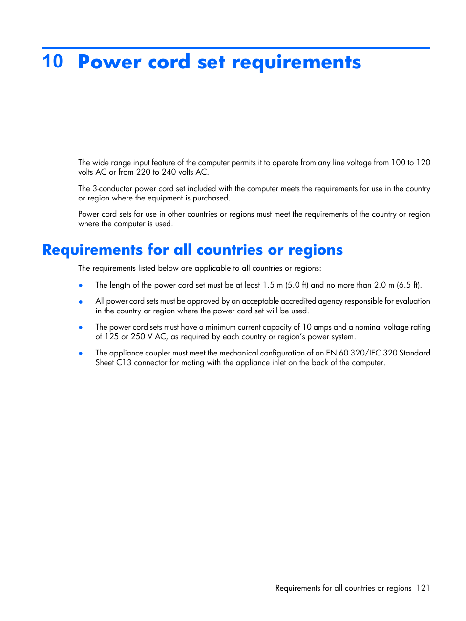 Power cord set requirements, Requirements for all countries or regions, 10 power cord set requirements | HP PAVILION DX6500 User Manual | Page 129 / 142