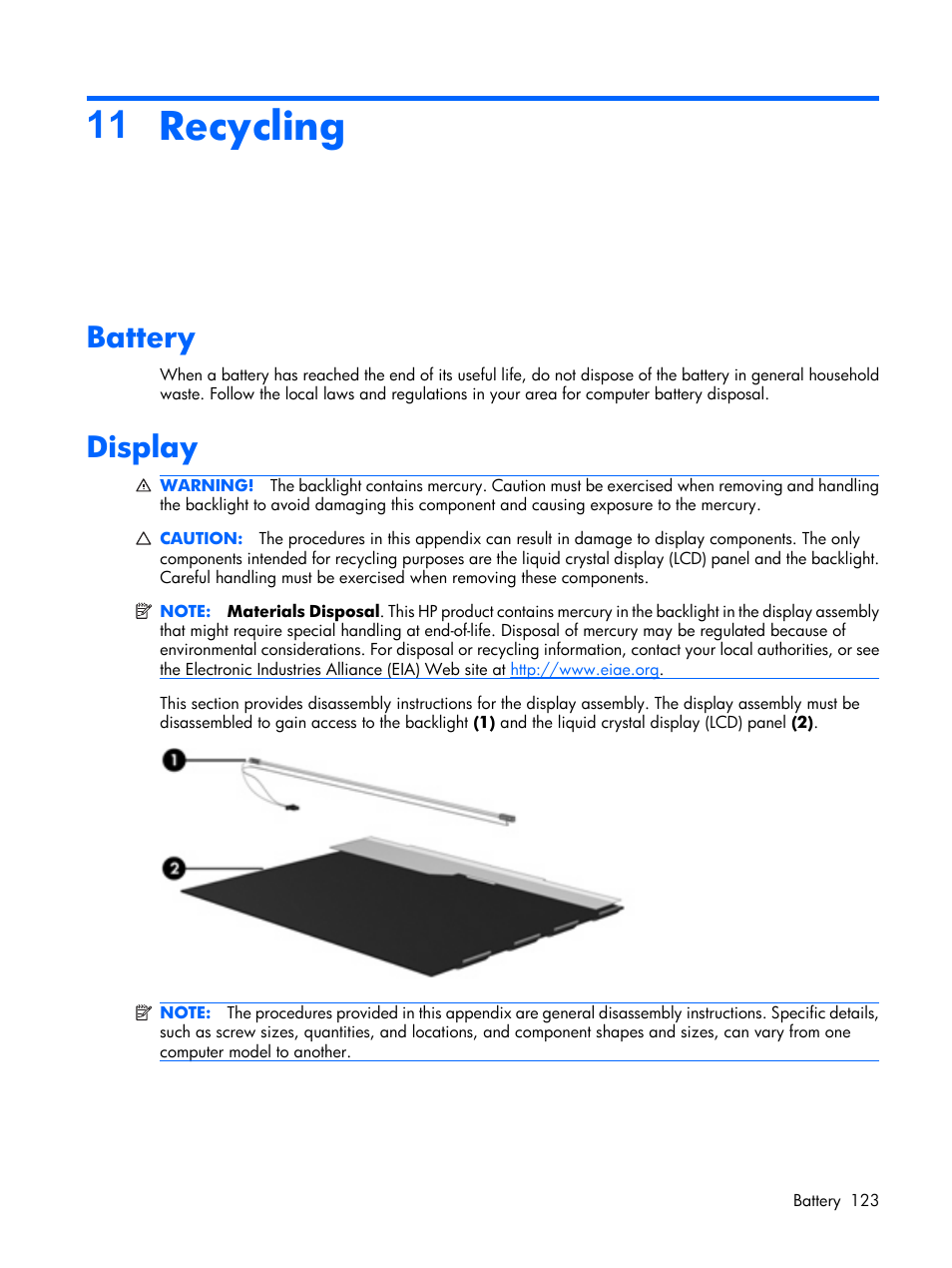 Recycling, Battery, Display | 11 recycling | HP PAVILION DX6500 User Manual | Page 131 / 142