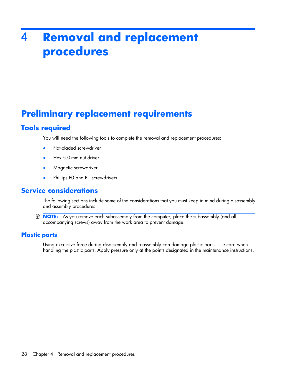 Removal and replacement procedures, Preliminary replacement requirements, Tools required | Service considerations, Plastic parts, 4removal and replacement procedures | HP PAVILION DX6500 User Manual | Page 36 / 142