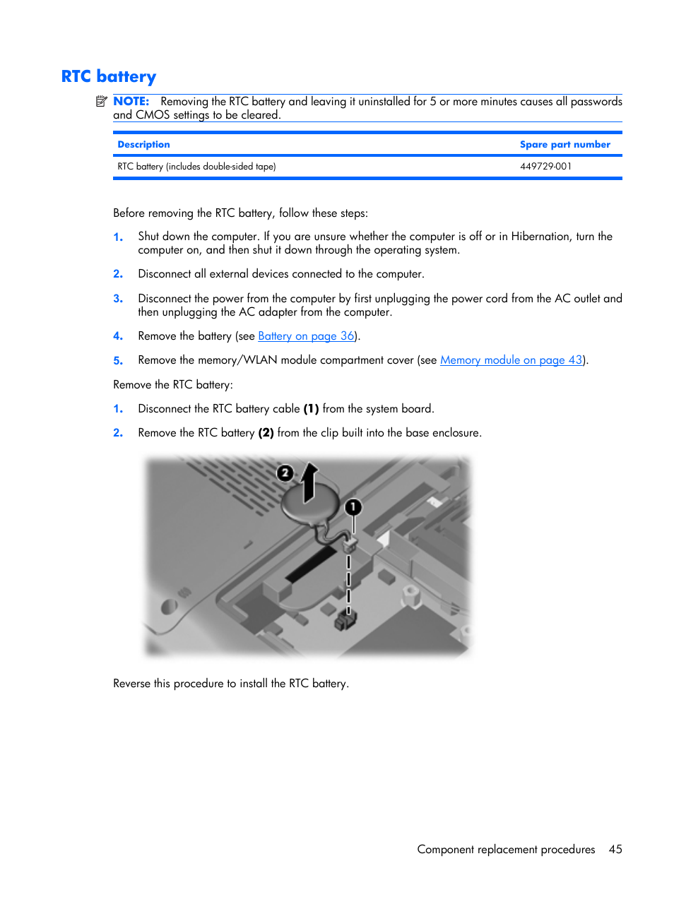 Rtc battery | HP PAVILION DX6500 User Manual | Page 53 / 142