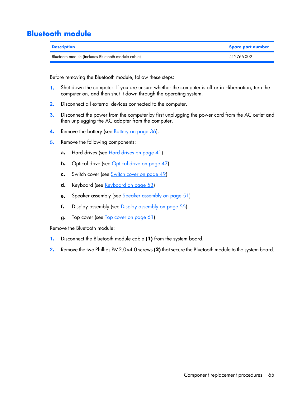 Bluetooth module | HP PAVILION DX6500 User Manual | Page 73 / 142