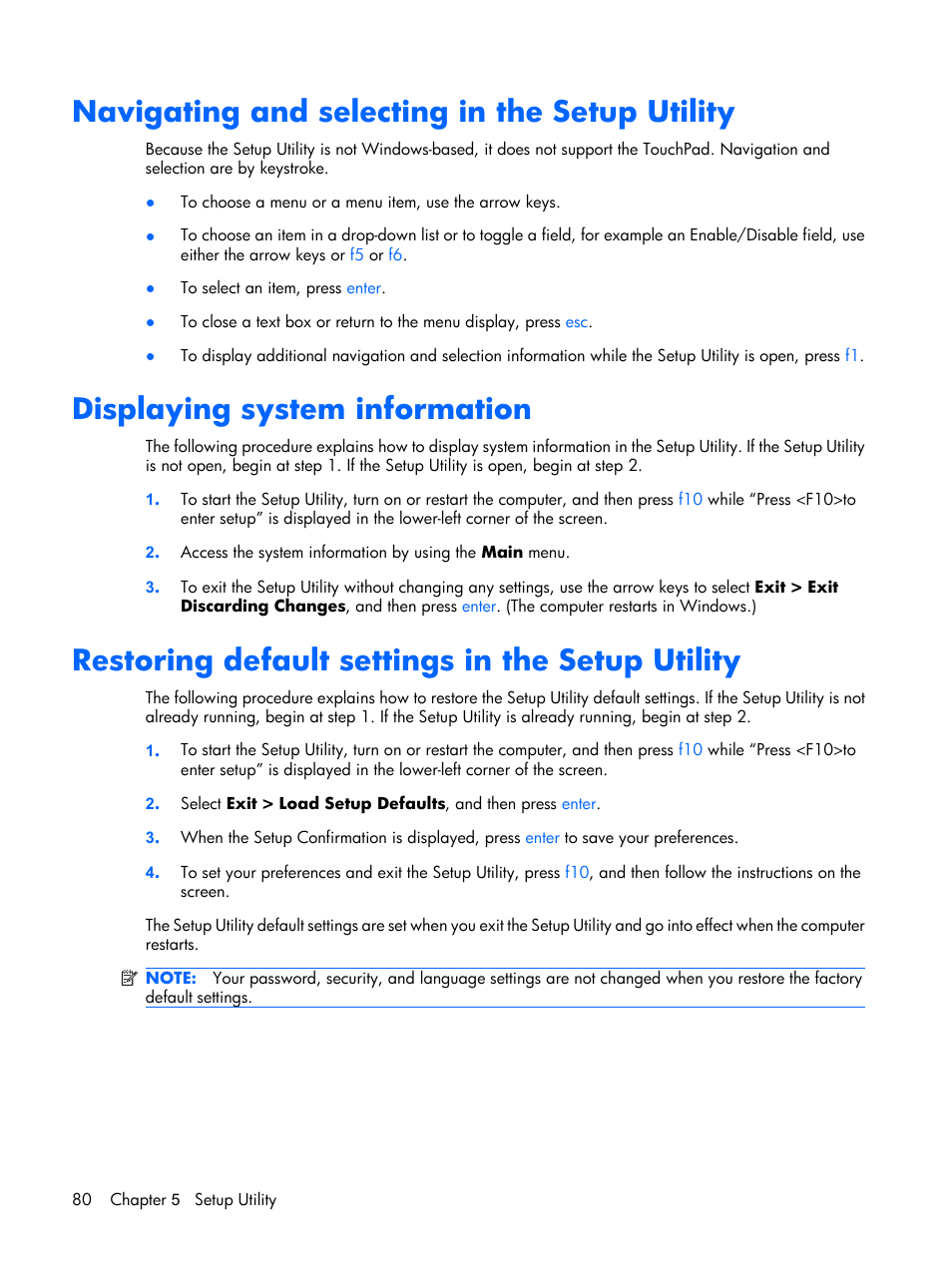 Navigating and selecting in the setup utility, Displaying system information, Restoring default settings in the setup utility | HP PAVILION DX6500 User Manual | Page 88 / 142