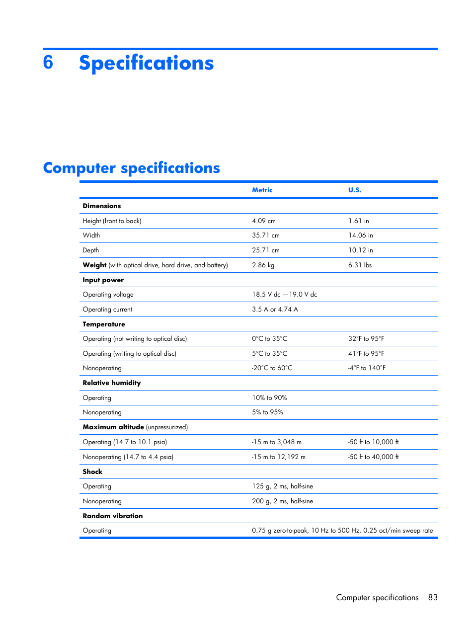 Specifications, Computer specifications, 6specifications | HP PAVILION DX6500 User Manual | Page 91 / 142