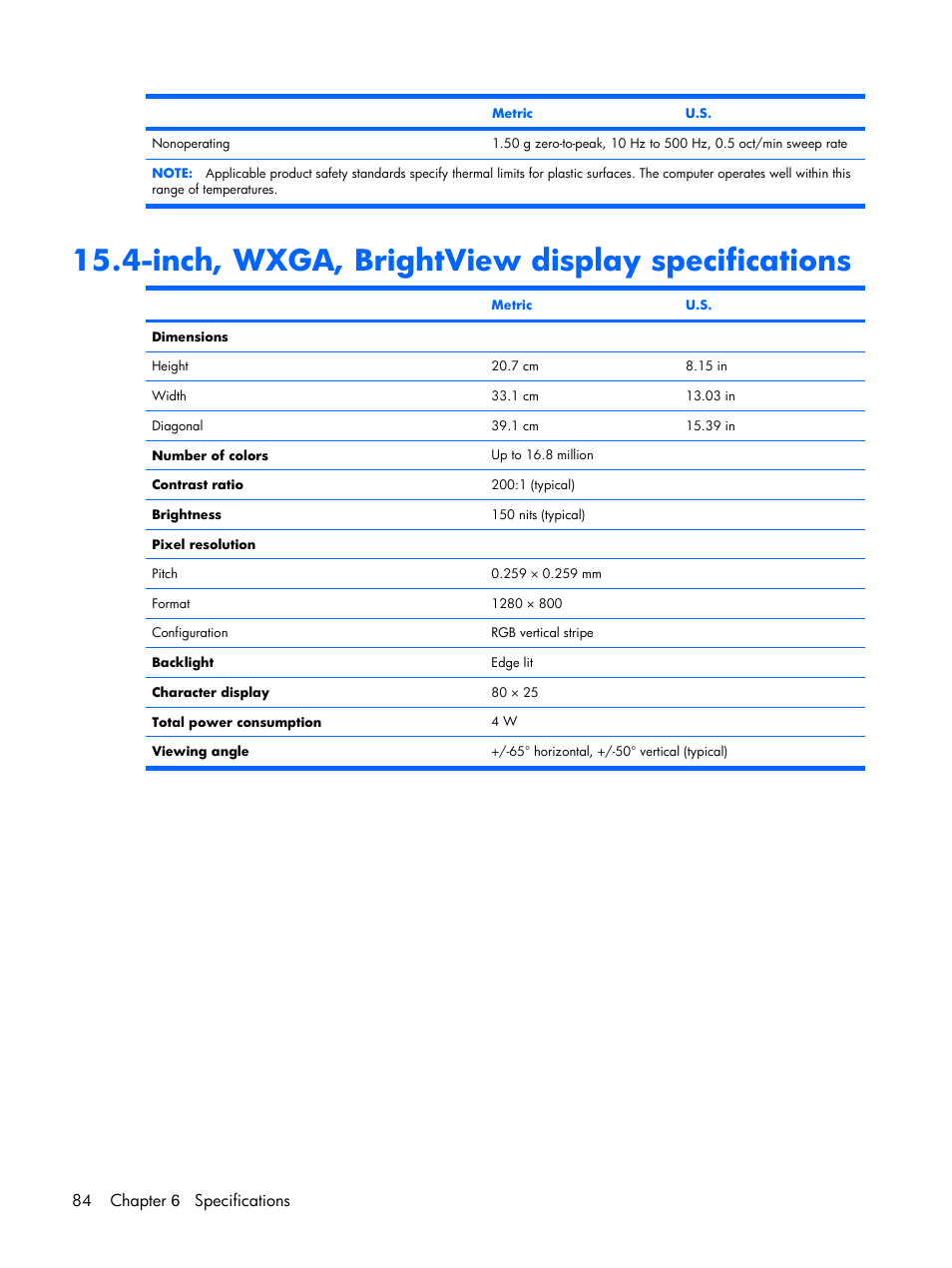 Inch, wxga, brightview display specifications, 84 chapter 6 specifications | HP PAVILION DX6500 User Manual | Page 92 / 142