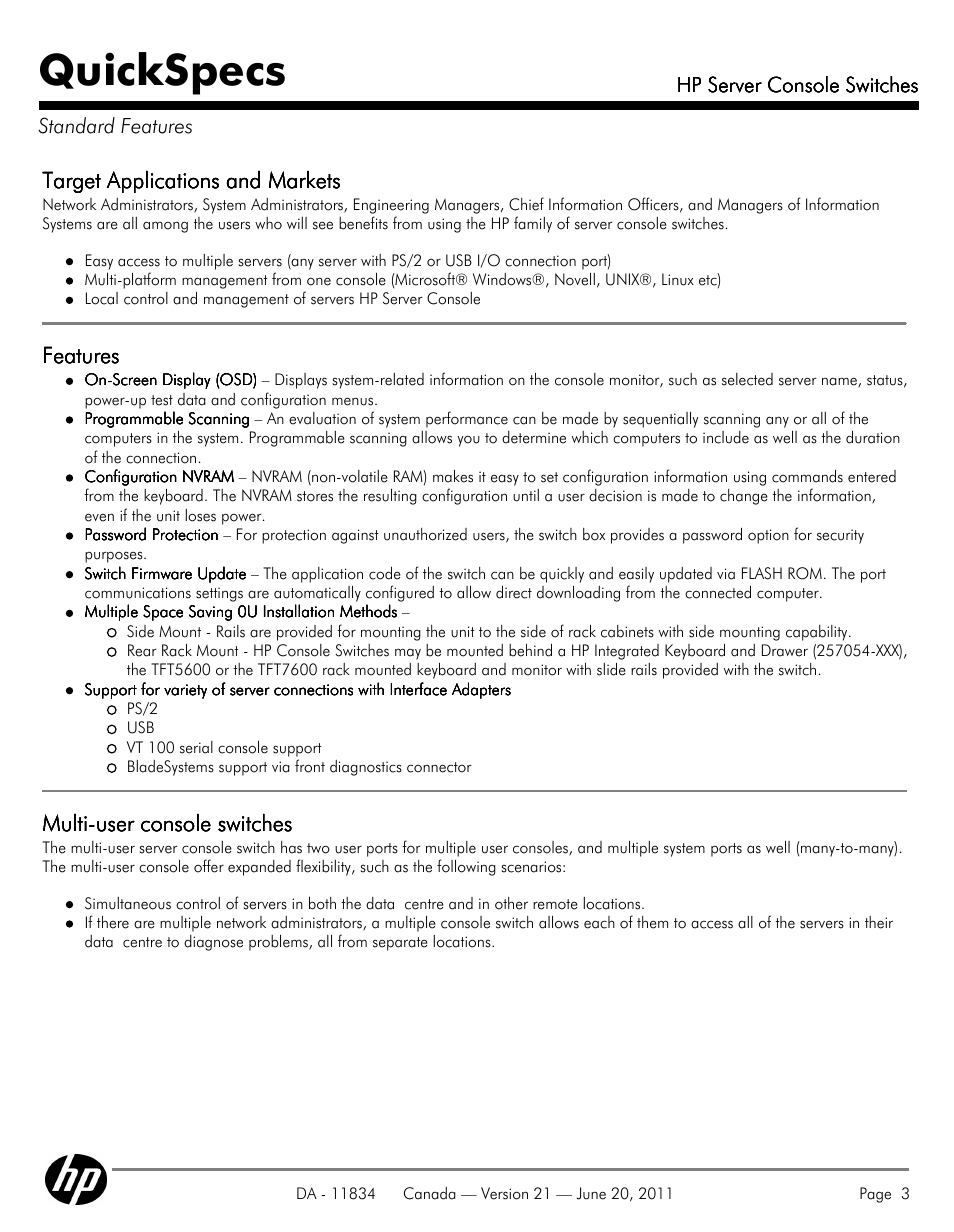 Standard features, Quickspecs, Target applications and markets | Features, Multi-user console switches | HP 336044-B21 User Manual | Page 3 / 9