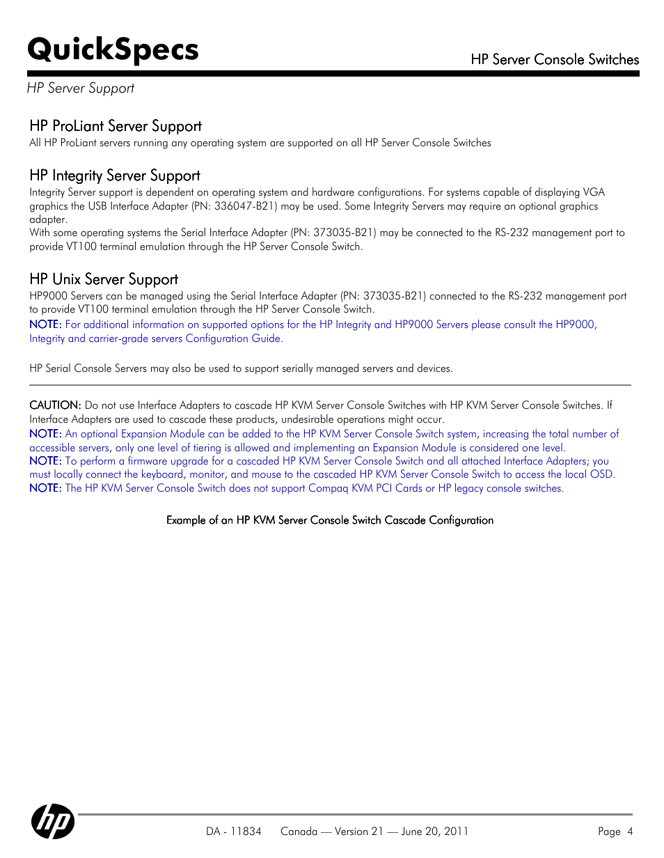 Hp server support, Quickspecs, Hp proliant server support | Hp integrity server support, Hp unix server support | HP 336044-B21 User Manual | Page 4 / 9